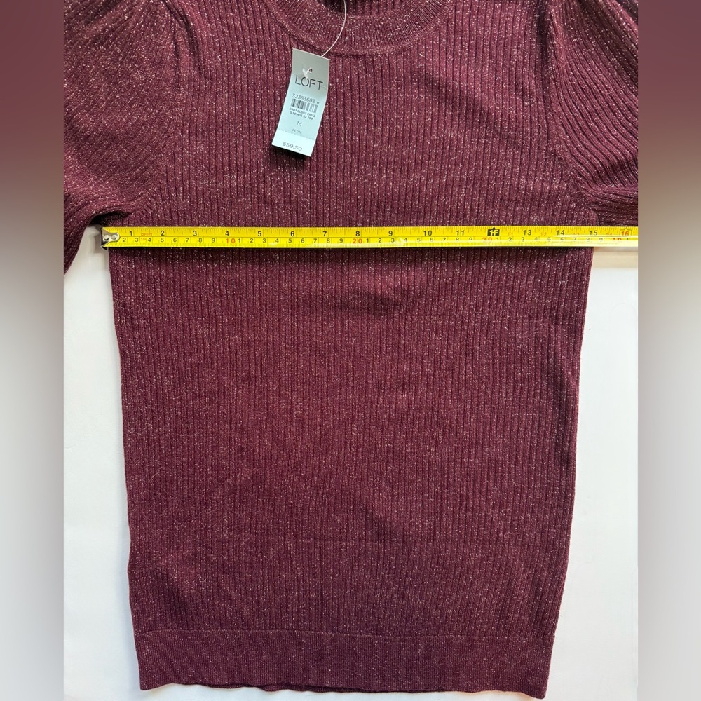 NWT LOFT Puff Sleeve Shimmer Sweater Maroon Size M Petite - Picture 4 of 8